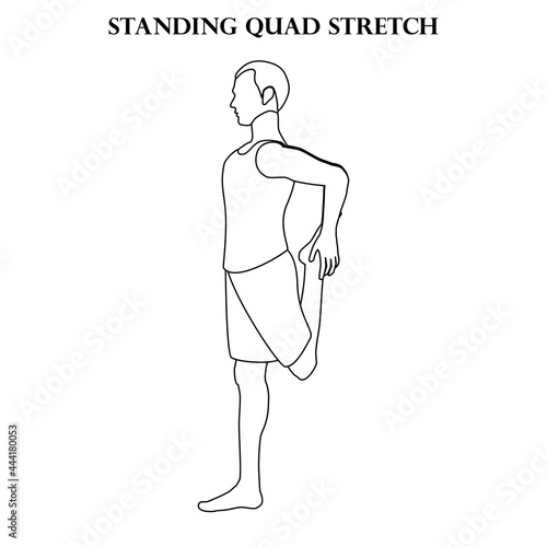 Standing quad stretch yoga workout. Man doing yoga illustration outline