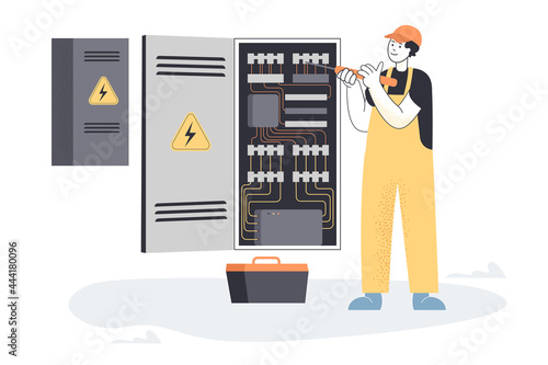 Electrician working with electrical panel. Flat vector illustration. Man in uniform and helmet repairing wires, circuit, breakers, providing service of electric meter. Electricity, maintenance concept