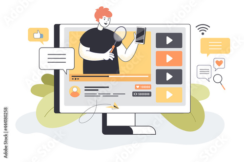 Young man making video review of new smartphone. Flat vector illustration. .Blogger with phone and magnifier getting reviews, comments, running his channel. Advertising, online, vlog, Internet concept