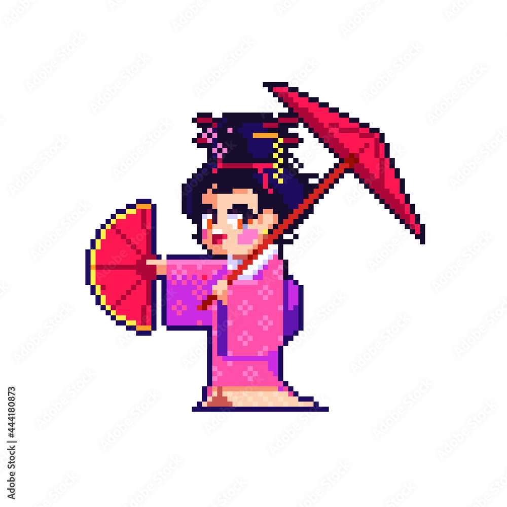 Cute dancing geisha. Pixel art asian girl. Vector illustration