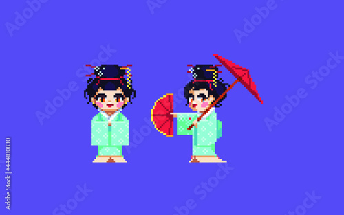 Cute geisha set. Pixel art asian girl. Vector illustration