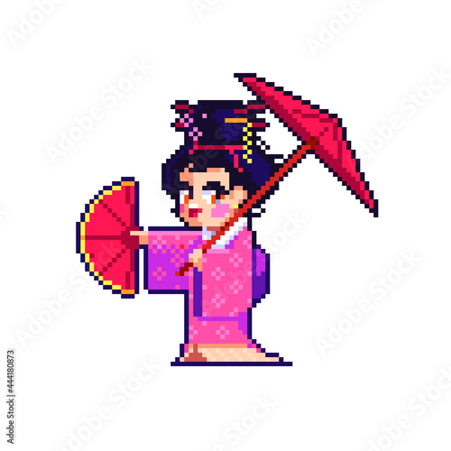 Cute dancing geisha. Pixel art asian girl. Vector illustration