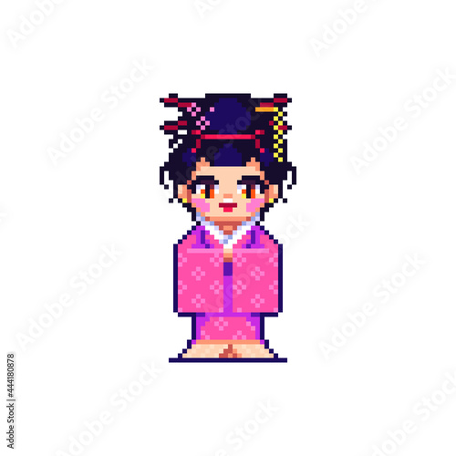 Cute geisha set. Pixel art asian girl. Vector illustration