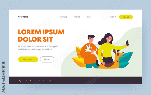 Happy dog lovers taking selfie. Men and woman holding pets in arms and posing for phone camera flat vector illustration. Animal care, photography concept for banner, website design or landing web page