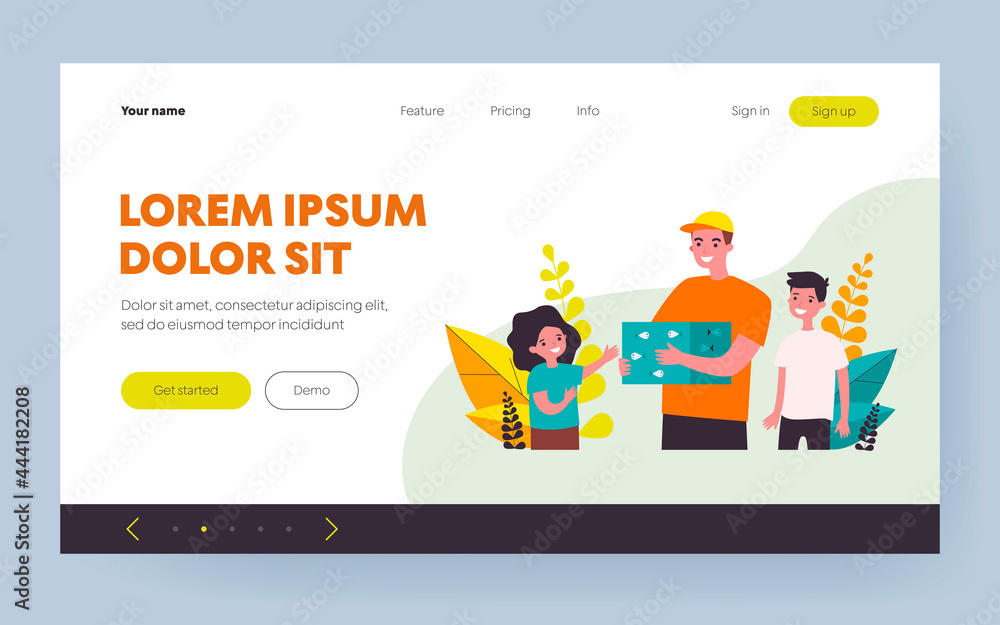 Smiling man holding box with fishes and surrounded kids. Girl, boy, aquarium flat vector illustration. Fun and domestic animals concept for banner, website design or landing web page Smiling man holding box with fishes and surrounded kids. Girl, boy, aquarium flat vector illustration. Fun and domestic animals concept for banner, website design or landing web page