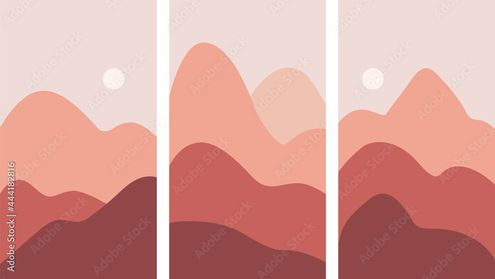 Set of simple abstract landscapes. Minimalistic background of mountains, hills in red, brown, sandy, earthy colors. Flat vector illustration. 