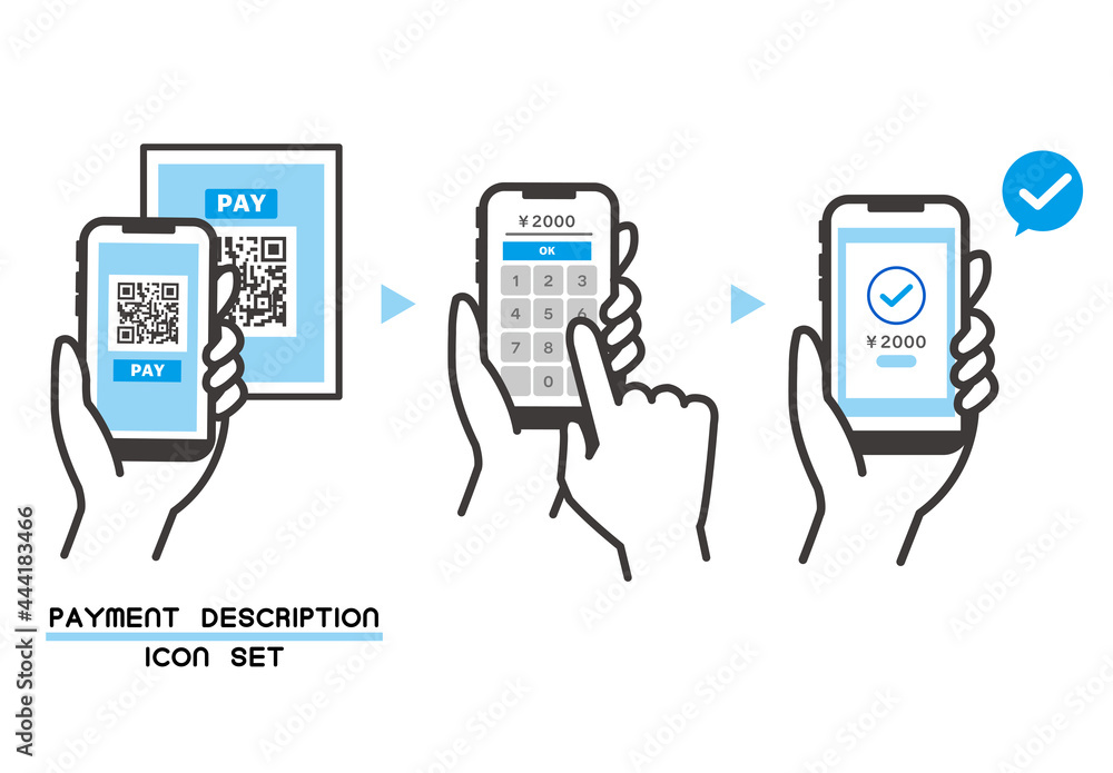 キャッシュレス決済のやり方を説明したベクターイラスト素材／カード／決済／QR