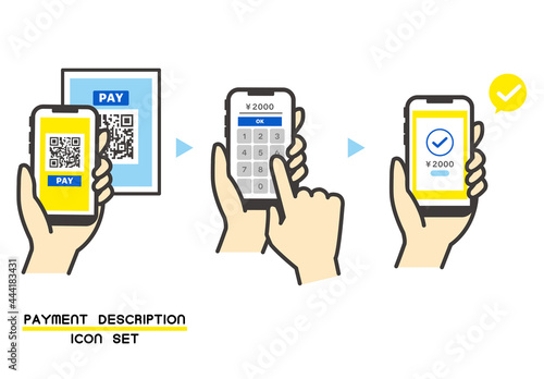 キャッシュレス決済のやり方を説明したベクターイラスト素材／カード／決済／QR