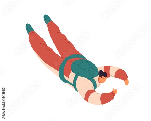 Free fall of happy man. Person flying down with thumb up during skydiving jum...