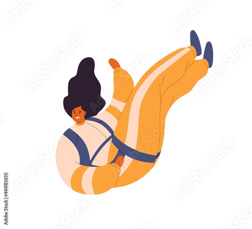 Happy woman floating in air, flying down during skydiving jump. Free fall of ...