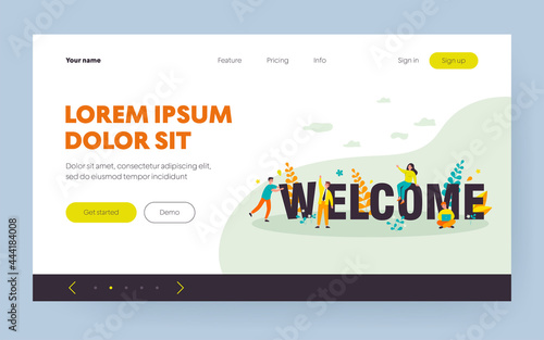 Happy business team welcoming new person to their company. Tiny people making greeting gesture and constructing word. Vector illustration for office welcome party, celebration concept