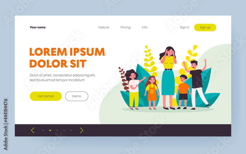 Woman having headache and surrounded by angry children. Teacher, mom, noise flat vector illustration. Behavior and childhood concept for banner, website design or landing web page