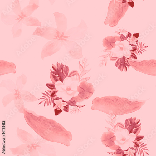 Pink Seamless Painting. Gray Pattern Art. White Tropical Texture. Coral Flower Art. Flora Palm. Watercolor Art. Floral Painting. Summer Art.