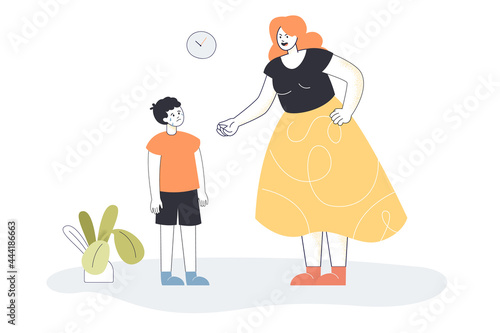 Angry mother rebuking upset son for being naughty. Woman reproaching crying child flat vector illustration. Domestic violence, family, parenting concept for banner, website design or landing web page