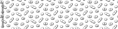 Seamless pattern with medicines, capsules, medicaments, drugs, pills and tablets. Medical pharmacy backgrounds and textures. Vector EPS10 illustration in doodle style