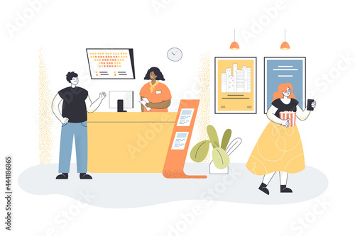 Man buying tickets at box office in movie theatre. Cashier selling tickets to films at counter flat vector illustration. Cinema, entertainment concept for banner, website design or landing web page