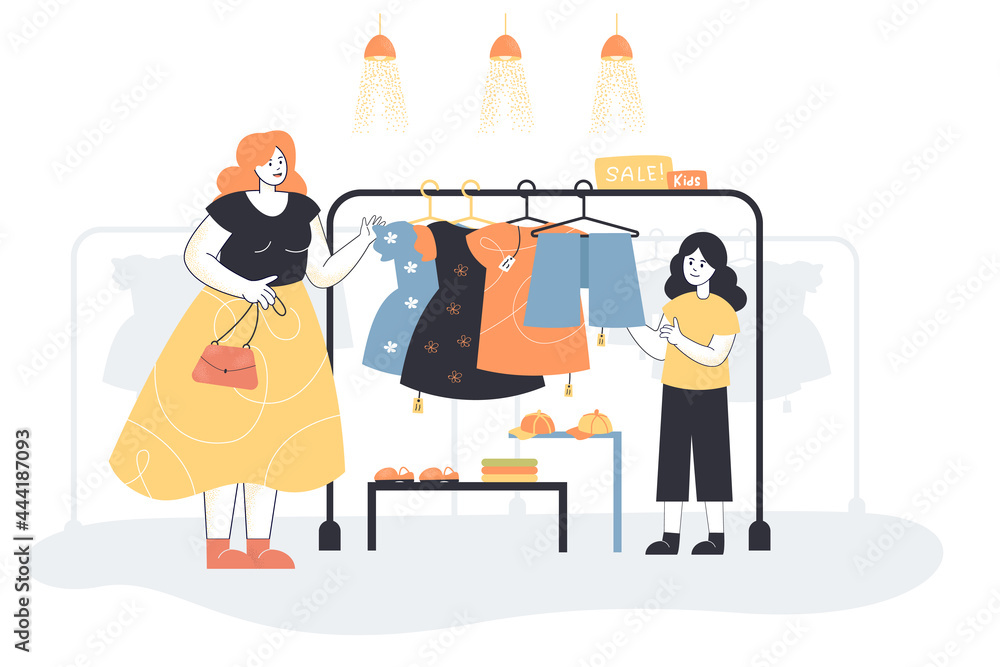 Mom and daughter choosing clothes on sale. Flat vector illustration. Woman  and little girl buying dresses, shoes, pants, caps for kids. Shopping,  fashion, store, motherhood concept for banner design Stock Vector