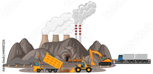 Coal mining scene with different types of construction trucks