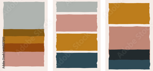Collection of modern simple art abstractions with geometric shapes on a beige background. Hand drawn colored squares