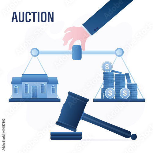 Auction, banner. Auction hammer. Business hand holds weight scale with money and house for sale. Finding balance between the bid and ask, fair price.