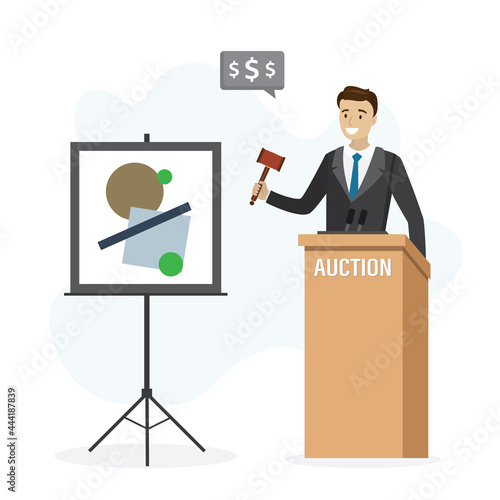 Auction, concept banner. Cartoon male auctioneer sells works of art. Handsome trader holding gavel. Sale of rare art. Public event.