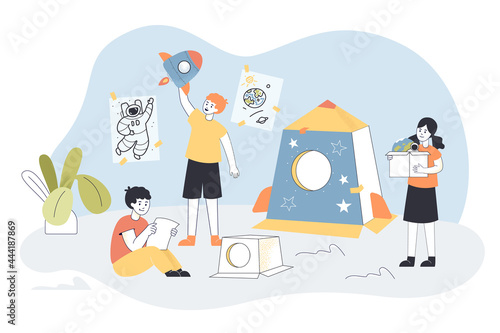 Children playing games with space theme. Flat vector illustration. Kids fantasizing about rocket, spaceship, playing astronauts, collecting crafts from cardboard. Space, childhood, creativity concept
