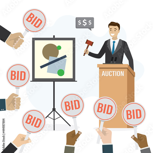 Auction, concept banner. Cartoon male auctioneer uses hammer for sells works of art. Various hand holds bid signs. Sale of rare art. Public event.
