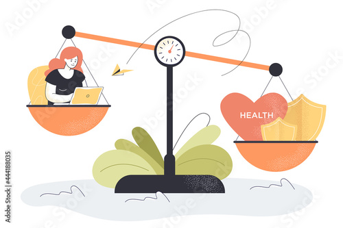 Health care and career on scales. Flat vector illustration. Unbalanced life of exhausted employee working on computer and health outweighing job. Stress, balance, lifestyle concept for banner design