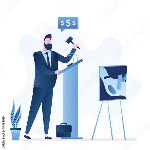 Auction, cartoon male auctioneer sells artworks. Handsome trader holding hammer. Sale of rare art. Public event. Speech bubble with dollar signs.