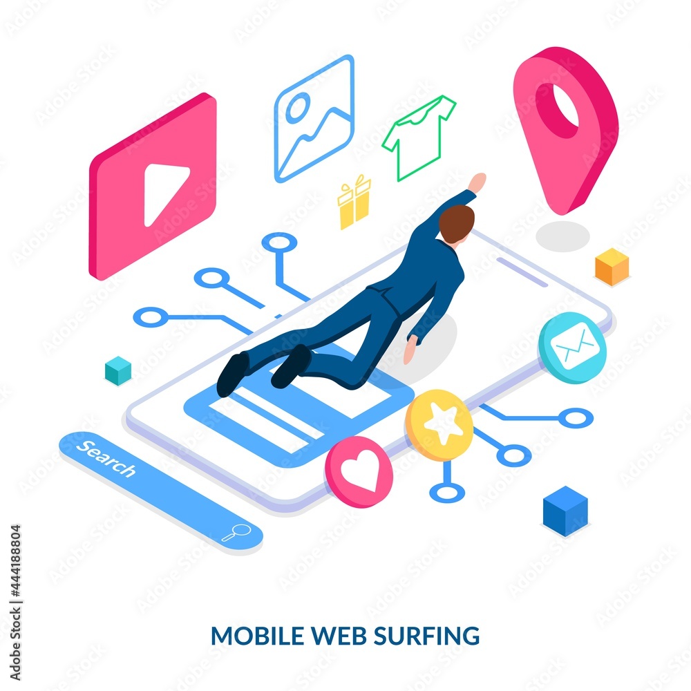 Mobile web surfing concept. A person searches for information, videos, pictures, goods and services via the mobile Internet. Vector illustration in isometric style on white background Mobile web surfing concept. A person searches for information, videos, pictures, goods and services via the mobile Internet. Vector illustration in isometric style on white background