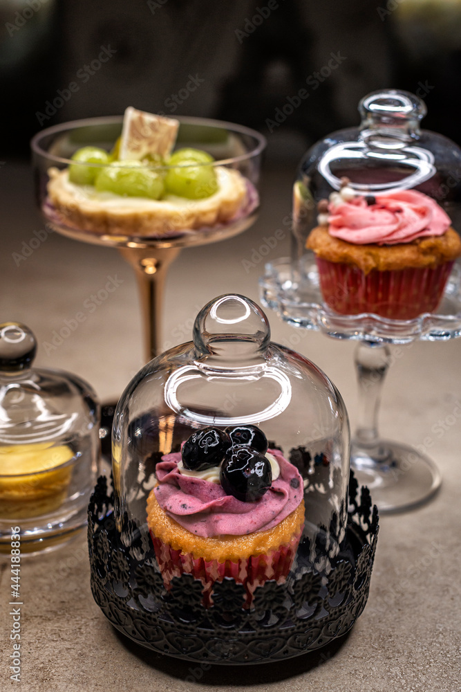 Variedad de postres sobre pedestales (Tarta de uvas, cupcake de fresa, cupcake de zarzamora)
Variedad de postres sobre pedestales (Tarta de uvas, cupcake de fresa, cupcake de zarzamora)
