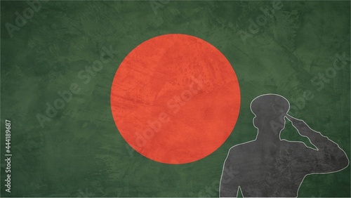 A soldier saluting the national flag of Bangladesh. Patriotic wallpaper with grunge effect. Illustration symbolizing pride and loyalty for the nation. 