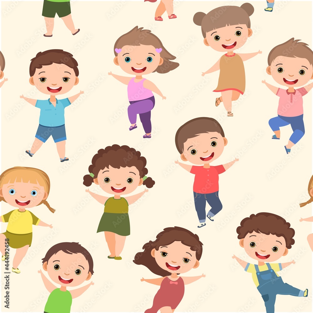 Happy childhood. Seamless pattern. Little boys and girls. Kid is jumping for joy at the party. Charming active cute character. Nice kid. Cartoon style. Image background. Vector