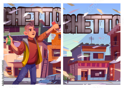 Teenager painting at ghetto street cartoon landing page. Graffiti painter boy with aerosol balloons at dilapidated cityscape background with broken buildings. Vandalism, crime or art vector web banner