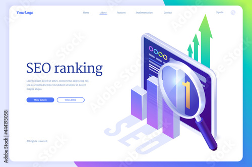SEO ranking isometric landing page. Search engine optimization technology, internet marketing and digital business content. Computer device desktop with analysis chart and glass, 3d vector web banner
