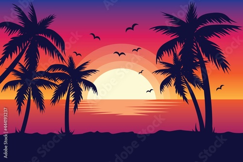 Evening on the beach with palm trees. An evening on the beach with palm trees. Colorful picture for rest. Blue palm trees at sunset. Orange sunset in the blue sky. Vector illustration photo