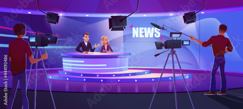 Tv presenters broadcasting news in modern television studio with cameraman, light equipment and earth on huge panoramic screen. Anchorman and newscaster reporting program, Cartoon vector illustration