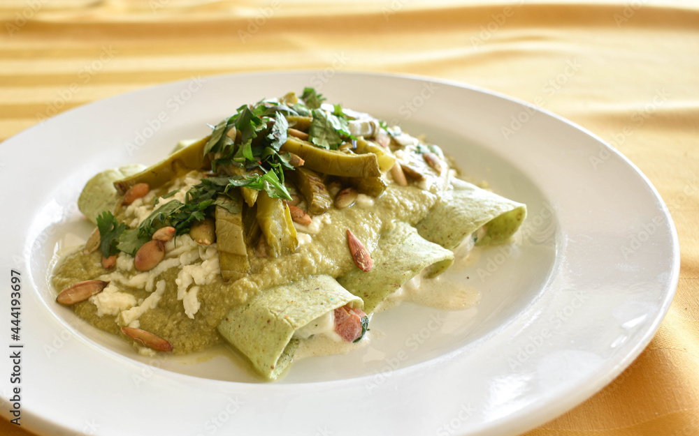 Platillo de Enchiladas con Nopales, salsa verde Platillo de Enchiladas con Nopales, salsa verde