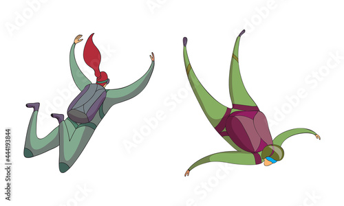 Paratroopers or Parachutist Free-falling and Descenting with Parachutes Vector Set