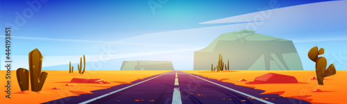 Road in desert scenery landscape with rocks and dry ground. Straight empty highway in Arizona Grand Canyon, asphalted way disappear into the distance with sun. Cartoon vector illustration