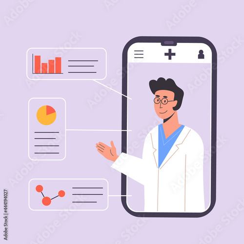 Smartphone screen with Male therapist gives online diagnosis. An app with doctor consultation or advice.Medical scientist with diagrams and molecule. Ask doctor. Vector illustration.