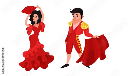 Spain Attributes with Toreador Holding Red Cloth and Woman Dancing Flamenco Vector Set