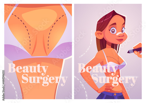 Beauty surgery cartoon posters. Woman with patch on nose prepare for plastic surgery. Doctor drawing lines on girl chest for augmentation, lipofilling cosmetics medicine procedure Vector illustration