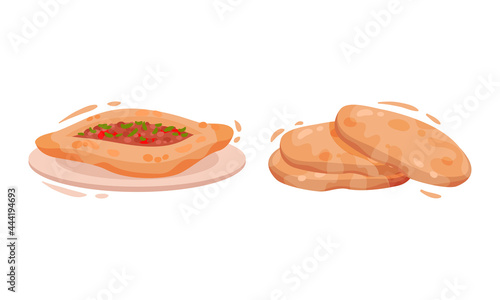 Turkey Culture Traditional Symbols with Pide Stuffed with Forcemeat and Flatbread Vector Set