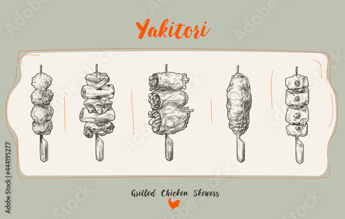Hand-drawn vector illustration of Japanese grill skewered chicken. lines and dots with single color, hand sketch style.
