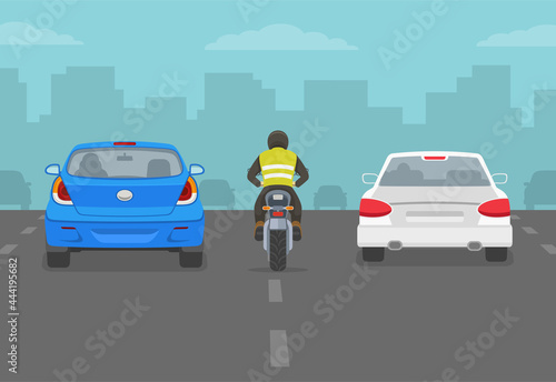 Motorcycle rider between cars on city road or highway. Car drivers sharing the road. Back view. Flat vector illustration template.