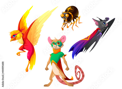 Superhero animals with cape and mask. Funny characters in super hero costume. Vector cartoon set of cute bat, mouse, bird and spider in disguise suit with cloak isolated on white background