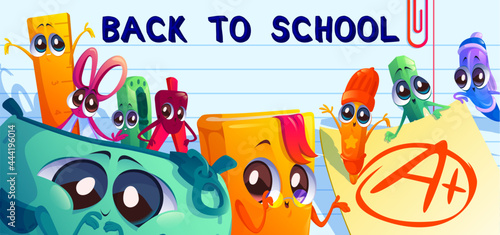 Back to school cartoon banner with kawaii student supplies characters. Stationery pencil, scissors, ruler, textbook or pen-box and excellent test on lined notebook page, education Vector illustration