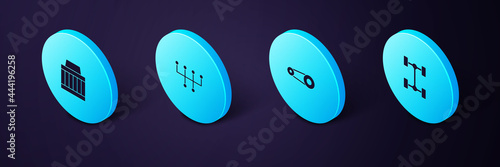 Set Isometric Chassis car, Timing belt kit, Gear shifter and Car air filter icon. Vector