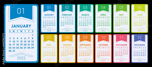 Calendar 2022 year. Vector colorful calender template. Infographics design. Week starts on Sunday